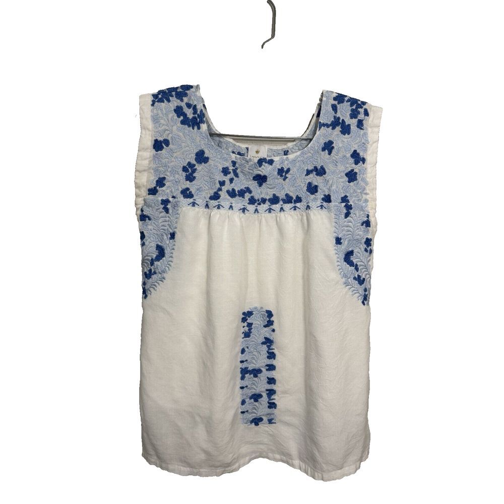 J Marie Peasant Blouse Embroidered Floral Blue Teal Size M Boho Linen Blen Liner
